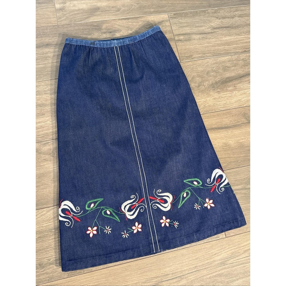Vintage 70s Handmade Midi Denim Skirt Embroidered Flowers Hippie 27" Waist XS/S - Picture 15 of 16